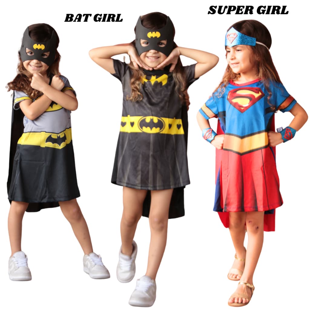 Fantasia Infantil Meninas Personagens Horoinas Super Girl, Bat GIRL, Mulher Maravilha