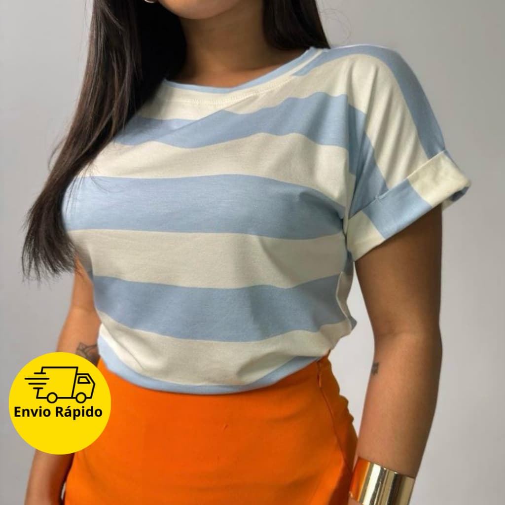 Blusa Feminina Básica Manga Curta Listrada Gola Redonda