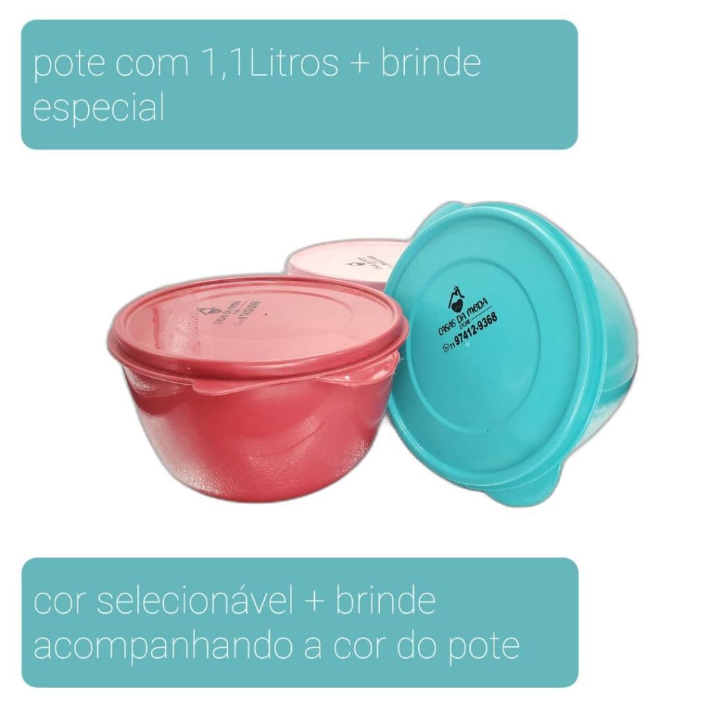 KIT COM 2 POTES/VASILHA PLÁSTICA COM TAMPA 1,1LITROS PARA ARMAZENAR ALIMENTOS + BRINDE