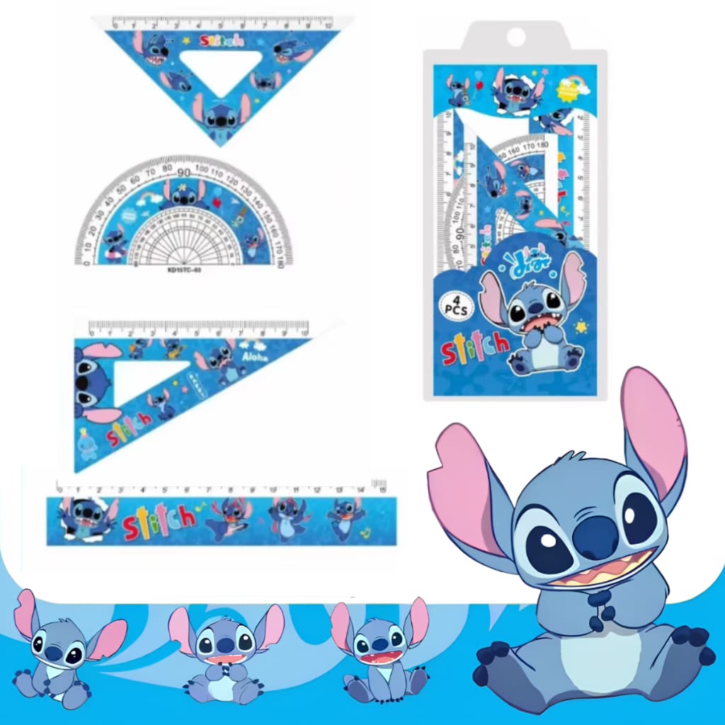 KIT com 4 Réguas Stitch 15cm Azul - Régua Reta 15 centímetros Esquadro 45 graus Esquadro 60 graus Transferidor 180 graus
