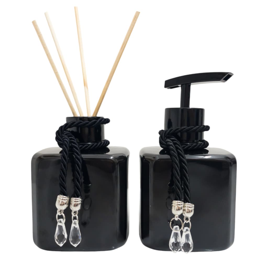 Banheiro Kit Frasco Plástico Preto Com Tampa Preta e Enfeite Difusor Ambiente e Saboneteira Lavabo