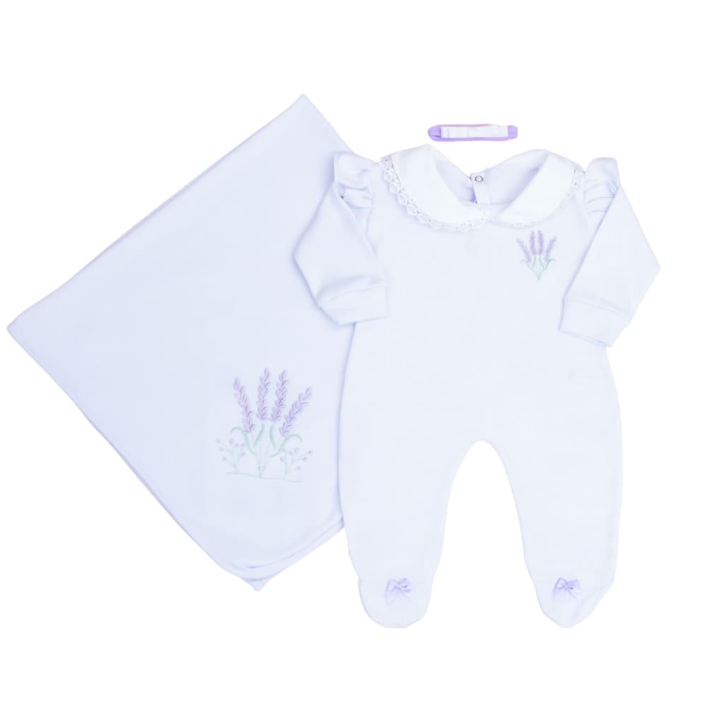 Saída Maternidade Menina Minimalista e Delicada Conjunto Bordado de Lavanda e Detalhes Elegantes