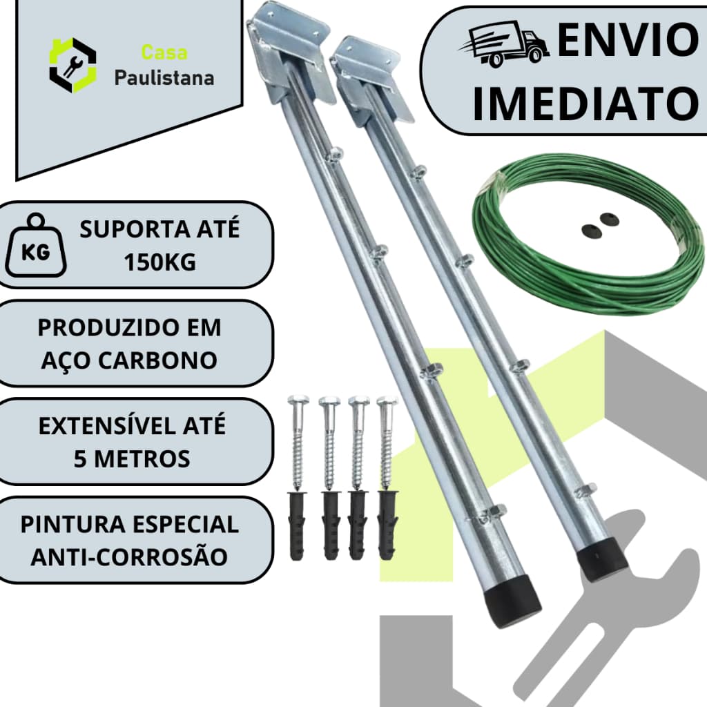 Kit Suporte pra Varal de Roupa Dobrável Retrátil para Muro Parede Quintal Corredor