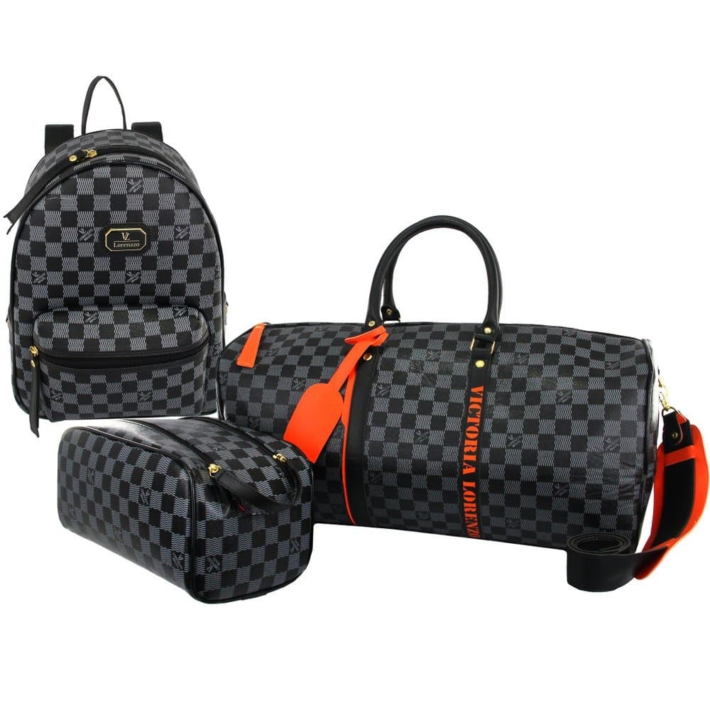 Kit Mala + Mochila + Necessaire Luxo Preta Xadrez Vintage Casual Viagens Passeios Promoção