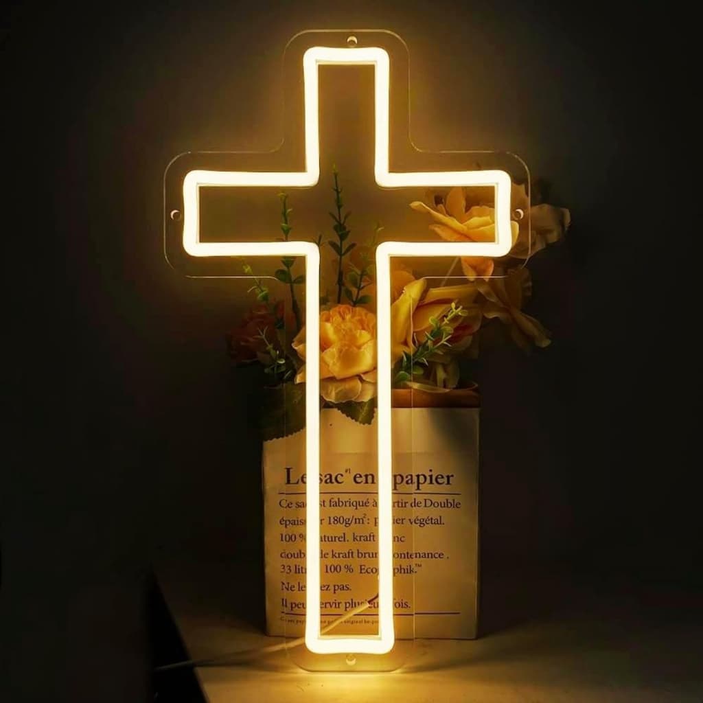 Luminária Cruz Crucifixo em Neon LED Decoração Religiosa Igreja Cristo Parede