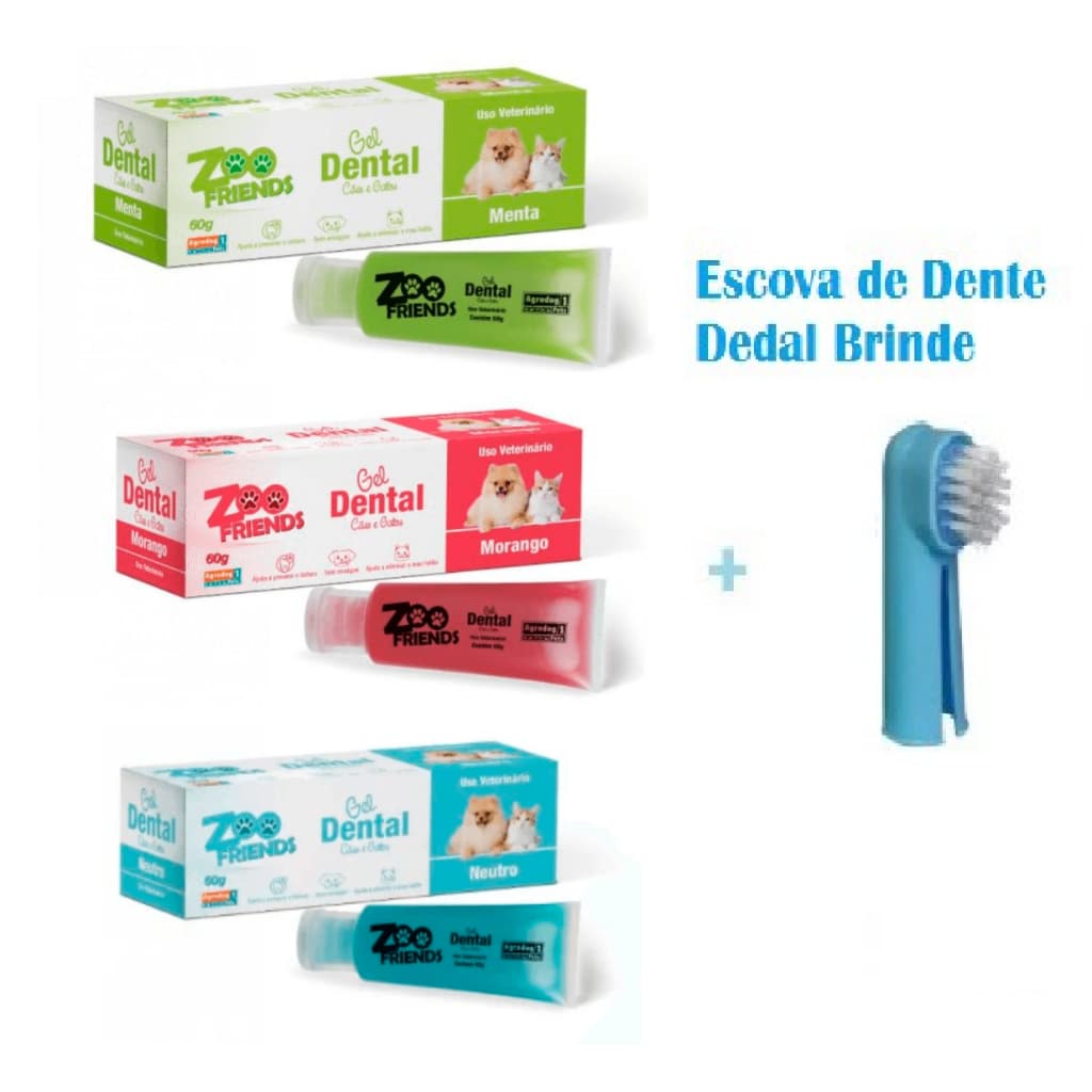 Gel Creme Dental Pasta de Dente para Cães e Gatos Original Zoofriends 60g Diversos Sabores + Escova de Dente Exclusiva