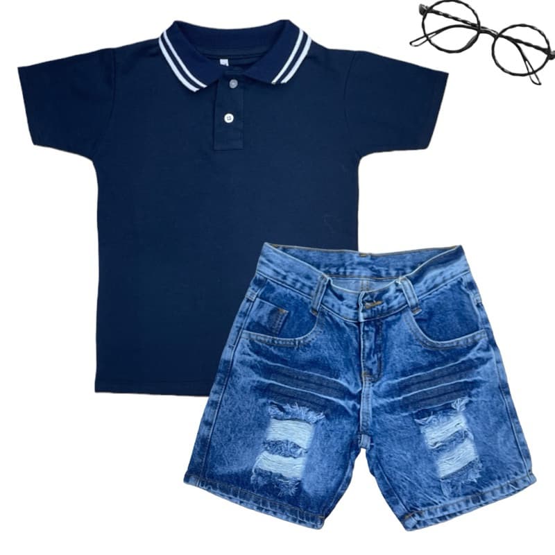 Conjunto Menino Infantil Camisa Polo Básica Com Short Jeans 07 S.M