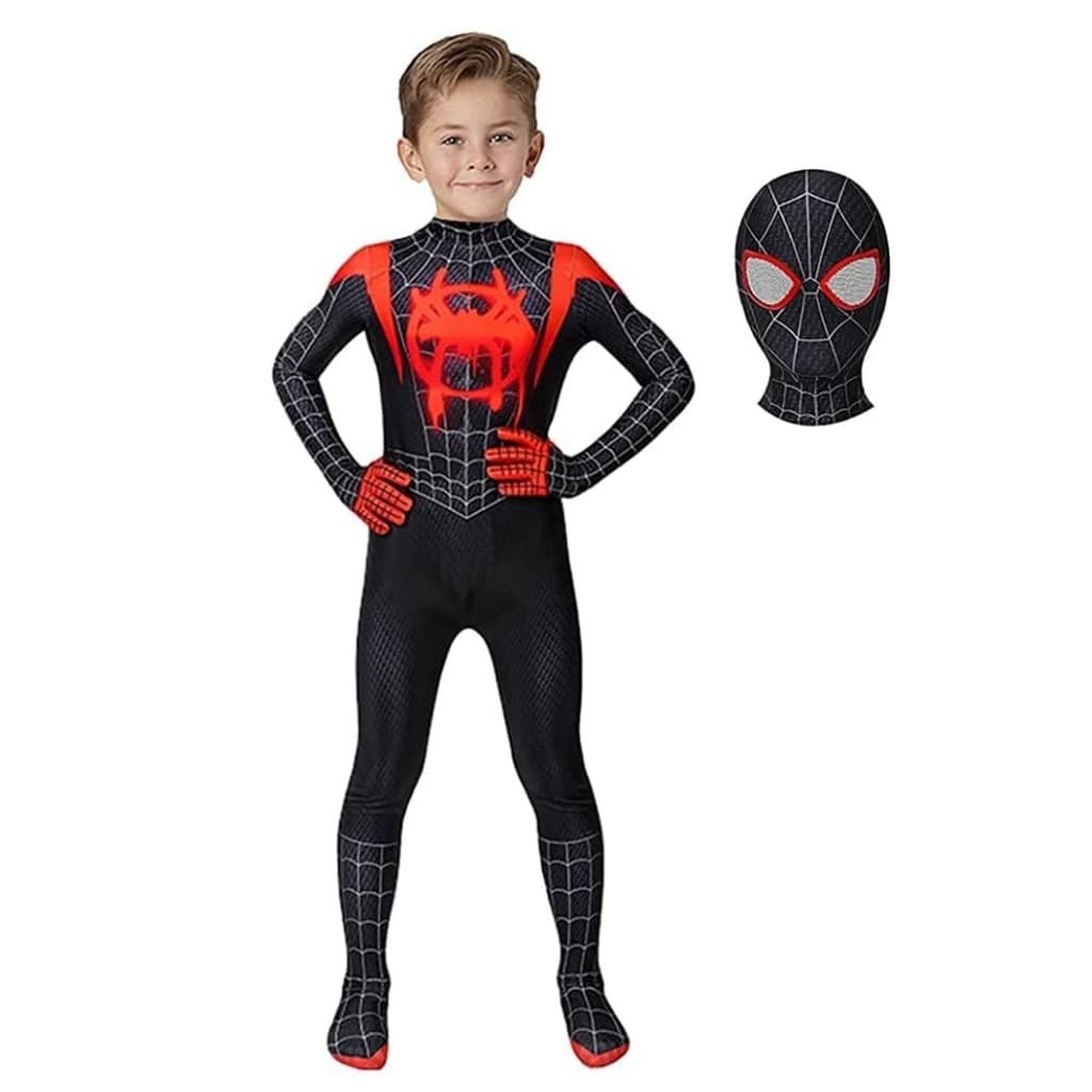Fantasia Infantil Homem Aranha Verso Miles Morales Preta com Lentes Acrílico Para Crianças Festas e Aniversários