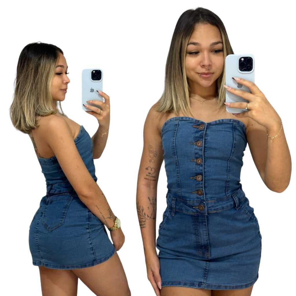 Mini Vestido Jeans Tomara Que Caia Curto Com Lycra