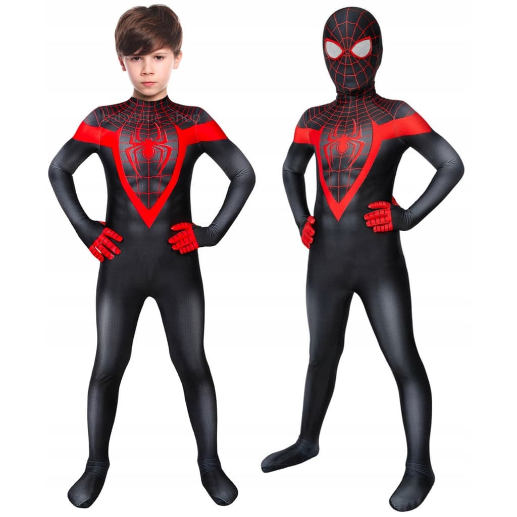 Fantasia Infantil Homem Aranha Ultimate Game Miles Morales Preta com Lentes Acrílico Para Crianças Festas e Aniversários