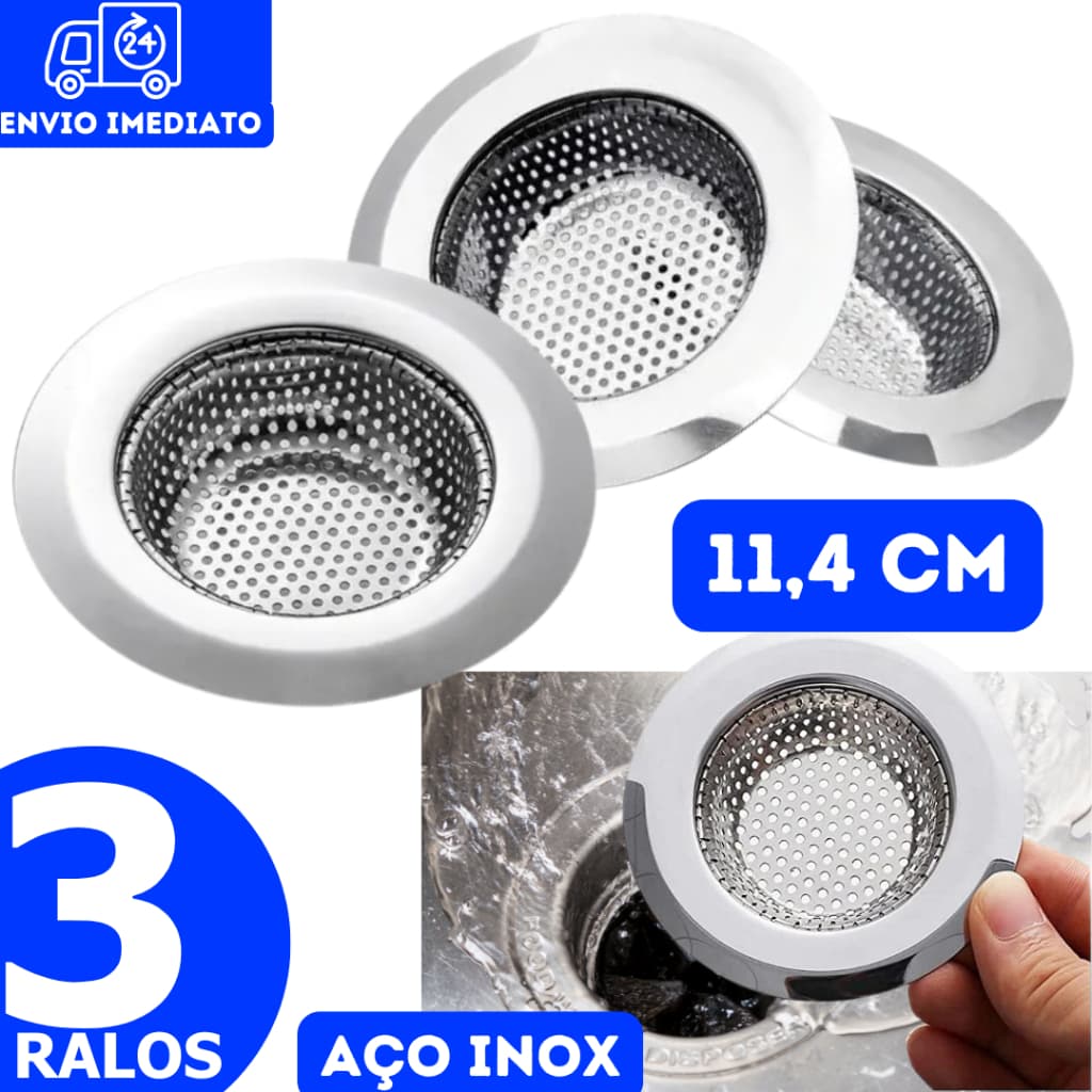 COM OFERTA3  Ralinho Ralo Para Pias Tanques Ralo Inox Pia Ralinho Cozinha 100% AÇO INOX - 11,4 cm