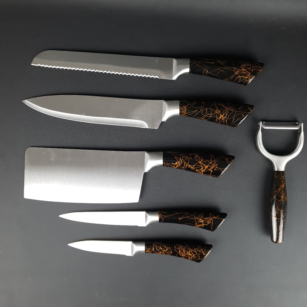 Conjunto de Facas Chef C/ 5 Peças + Descascador de Verduras + Base C/ Amolador de Facas.
