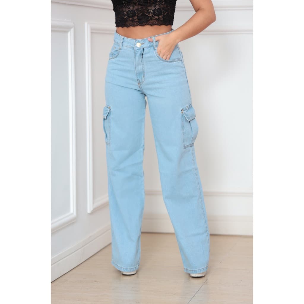 Calça Cargo Jeans Lavagem Clara Feminina Wide Leg Moda Casual Blogueirinha