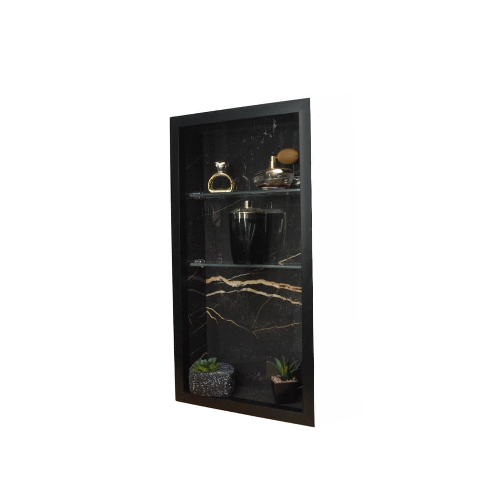 Nicho em Porcelanato Vertical Preto Com Prateleiras de Vidro