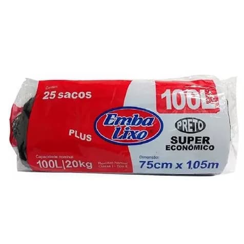 Saco Lixo Preto Econômico Resistente Embalixo  100 L Cor Preto 100 Litros 25 Sacos