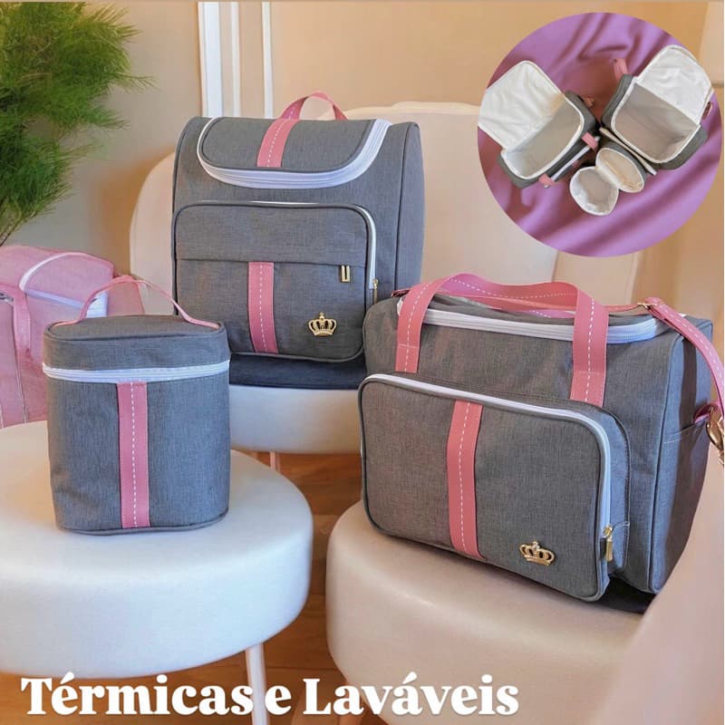 Kit Silver Pink  Impermeável Bolsas Maternidade Cinza Com Faixa Rosa com Porta Mamadeira 03 peças