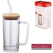 Copos de Vidro com Tampa de Bambu e Canudo de Reutilizável Hermético Suco Café Transparente