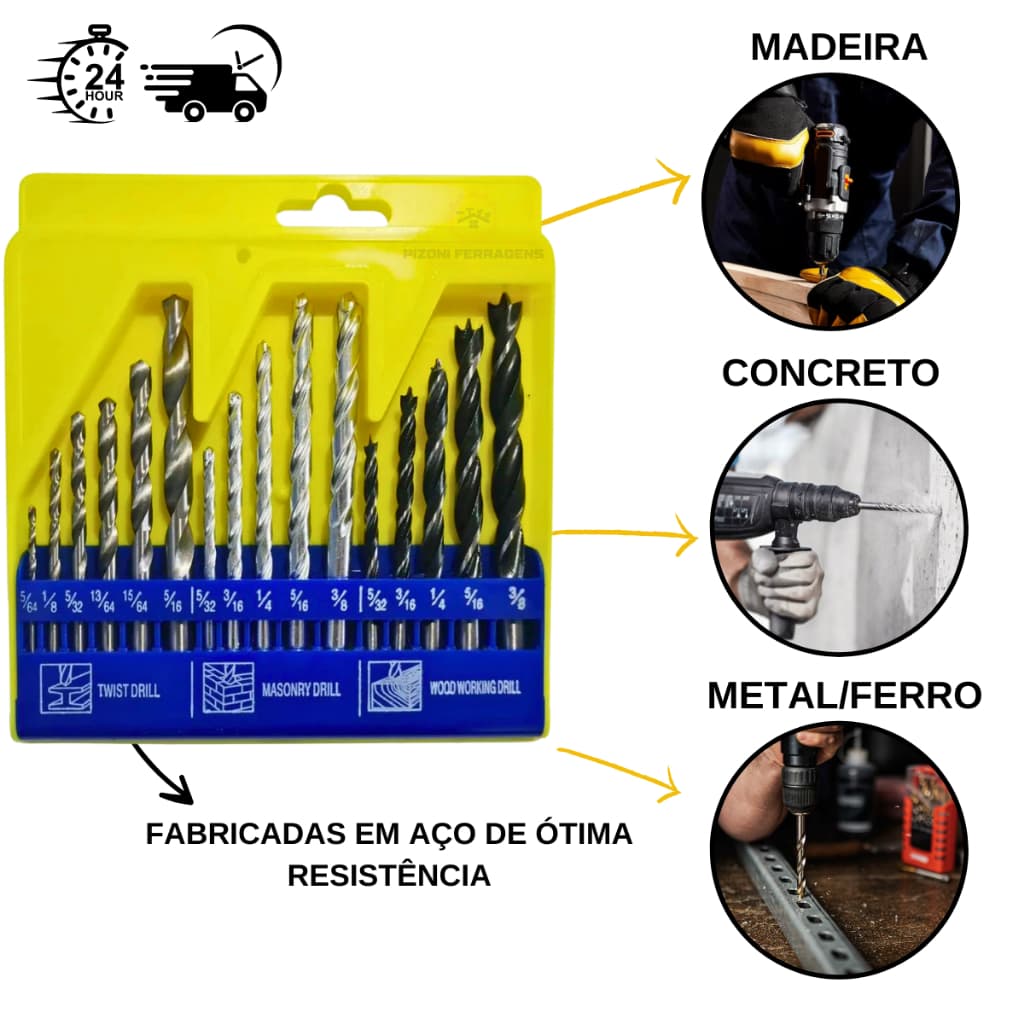 Kit Jogo De Brocas Para Ferro, Concreto E Madeira 16 Brocas Lotus