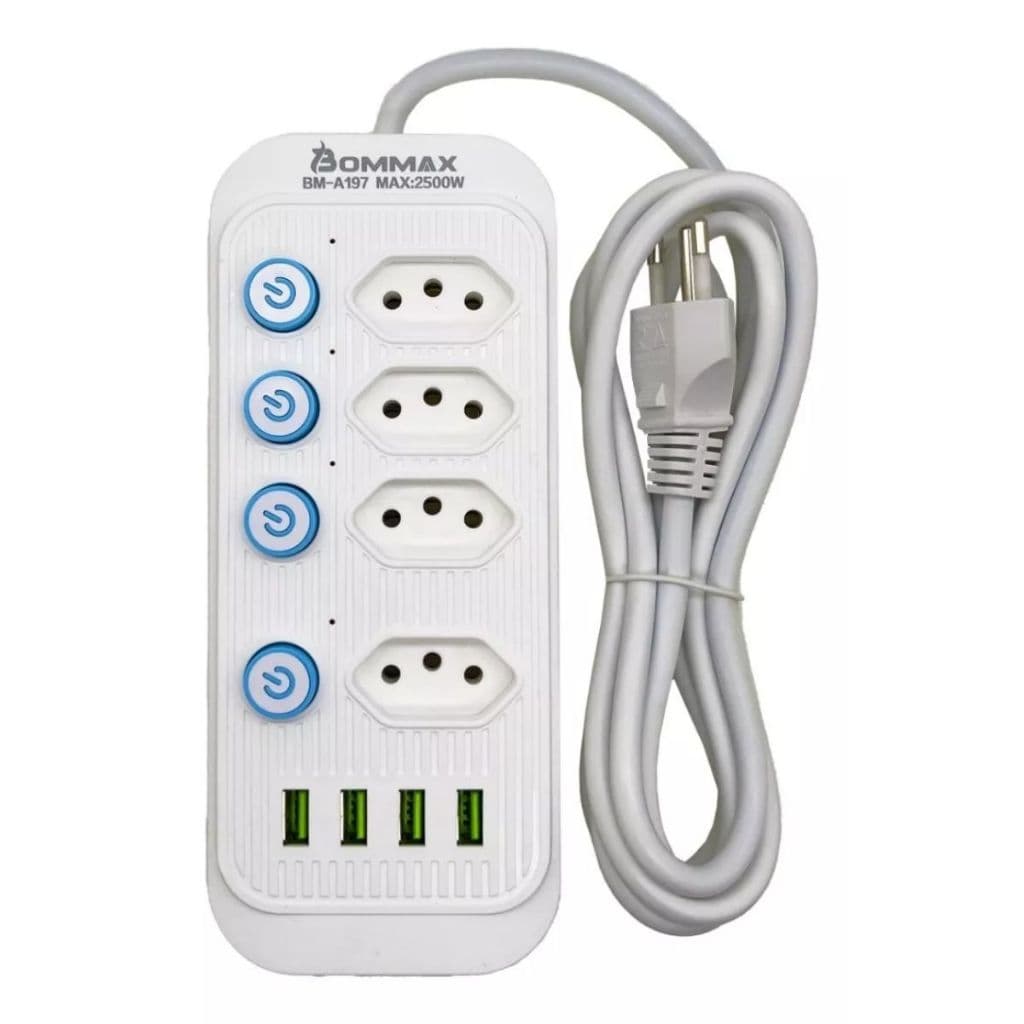 Régua extensão de Tomada Filtro de Linha 4 Tomada e 4 Saída USB - BM-A197