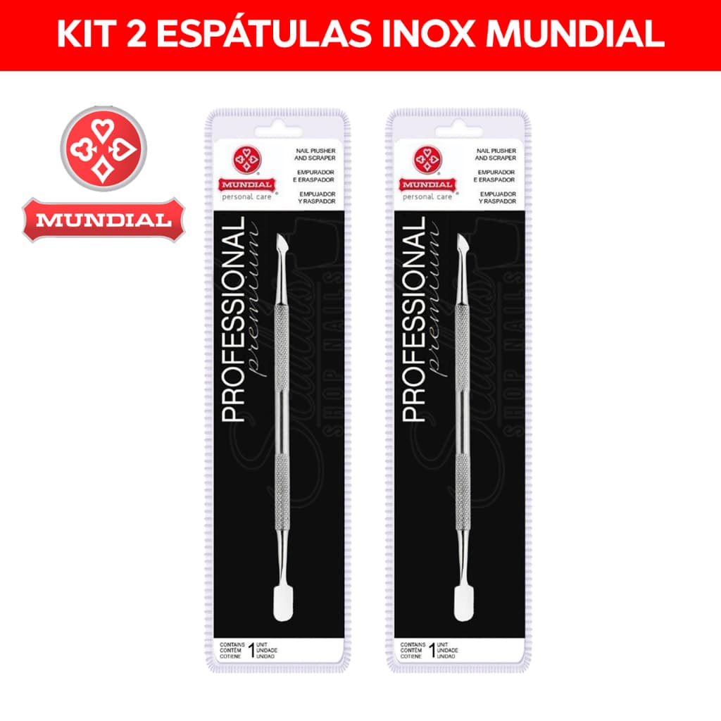 Kit 2 Espátula Mundial Inox Unha Profissional Manicure Empurrador