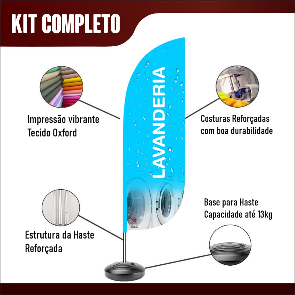 Wind Banner COMPLETO para Lavanderia Bandeira Dupla face - kit completo Haste, Base e Bandeira