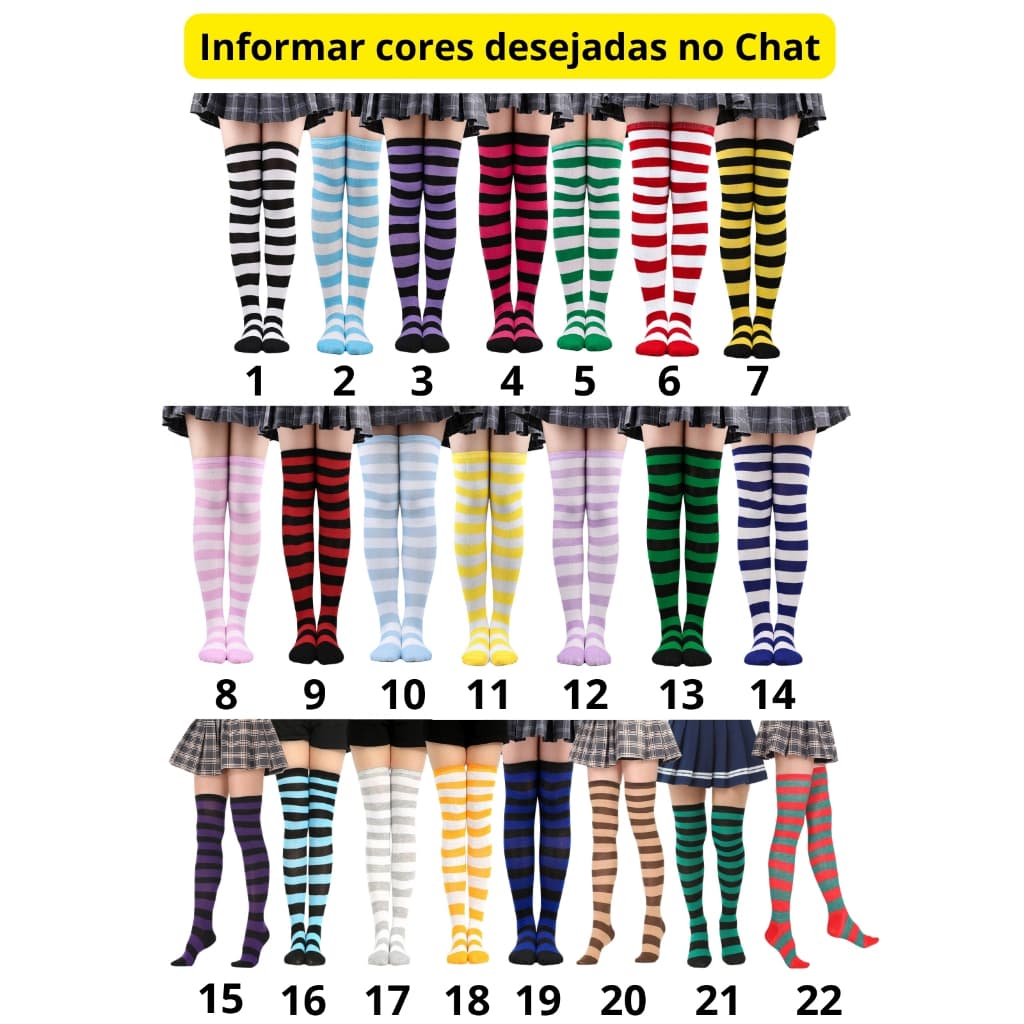 Kit 20 Meia Longa Listrada Kawaii Lolita Anime Fofa Coreana Colegial Faixa Larga