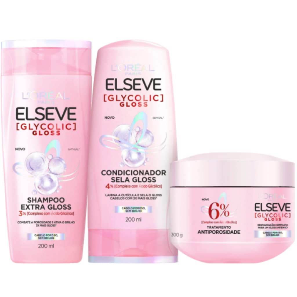 Kit Elseve Glycolic Gloss - Shampoo, Condicionador e Máscara