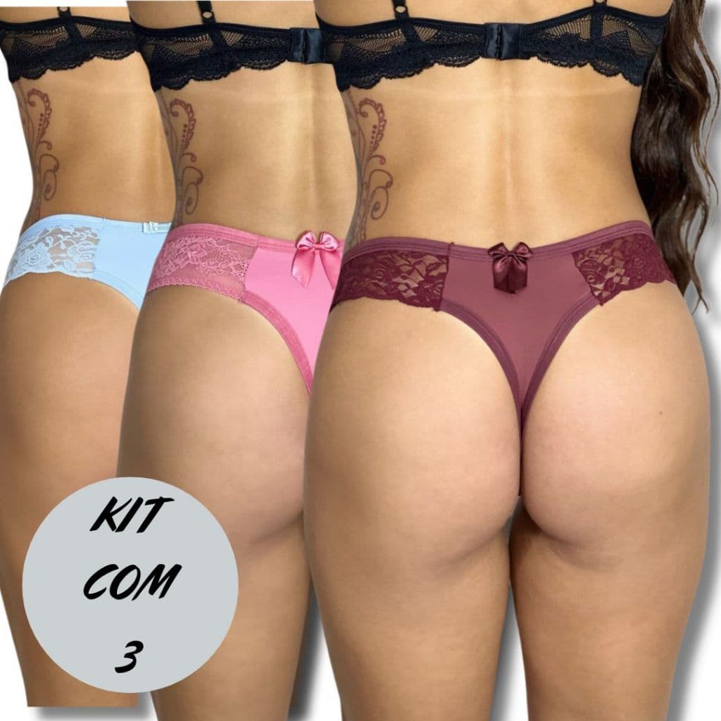 Kit 3 Calcinha Cacau Fio Com Renda Tanga