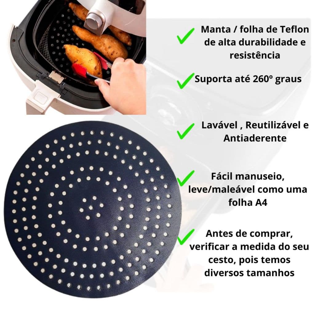 Tapete Protetor Manta de Teflon antiaderente Para cesto Airfryer Modelo Redondo 20 Cm reutilizável
