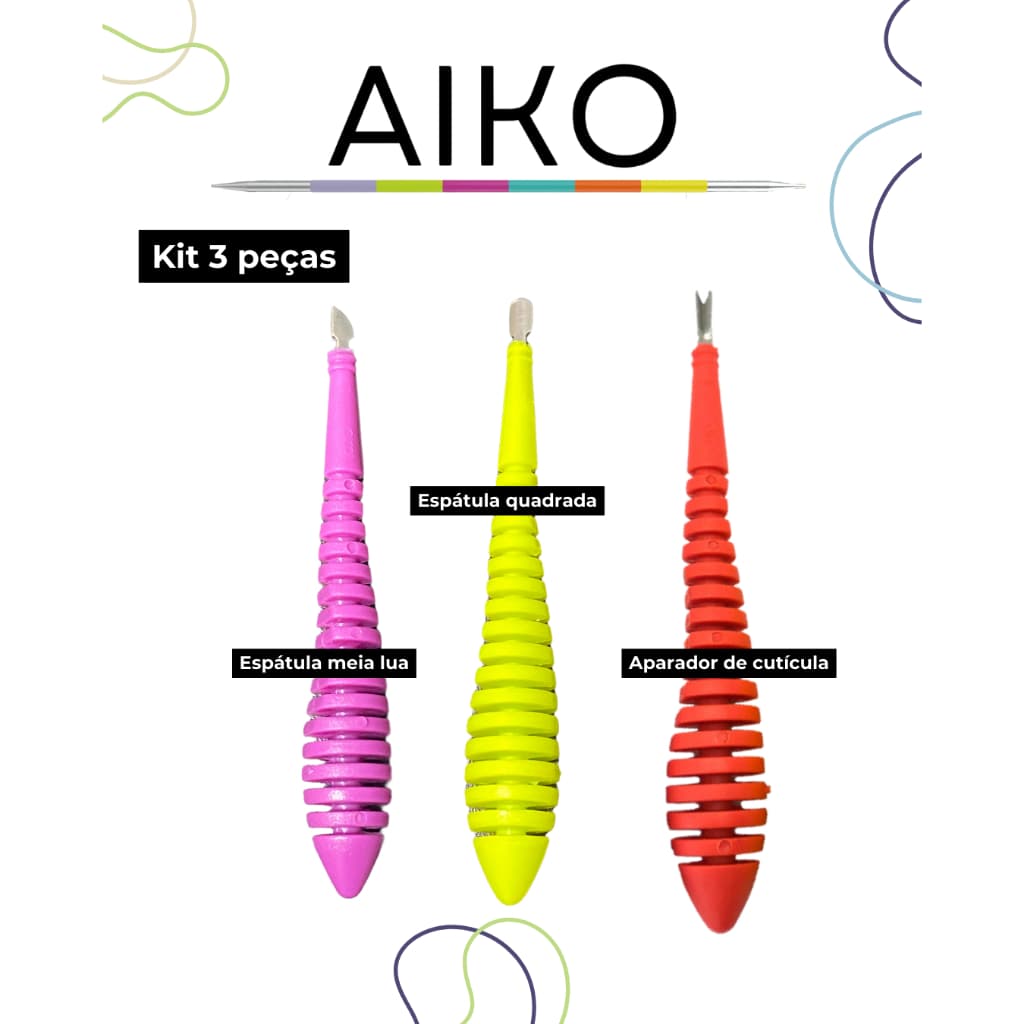 Kit Aiko 3 peças Espátula Aparador de Cutícula e Espátula - manicure infantil