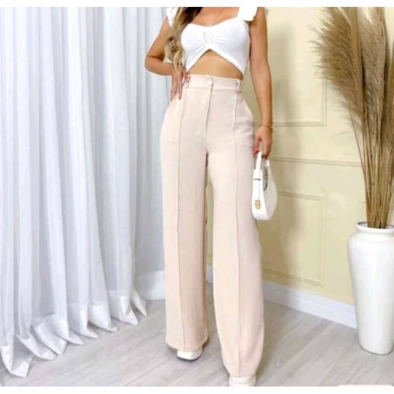 calça pantalona de tecido tuna com elástico cintura EV061