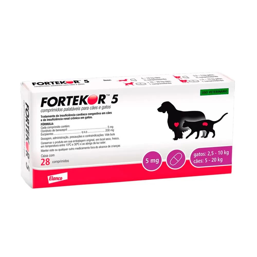 Fortekor Flavour 5 mg Elanco - Cães e Gatos 28 comprimidos