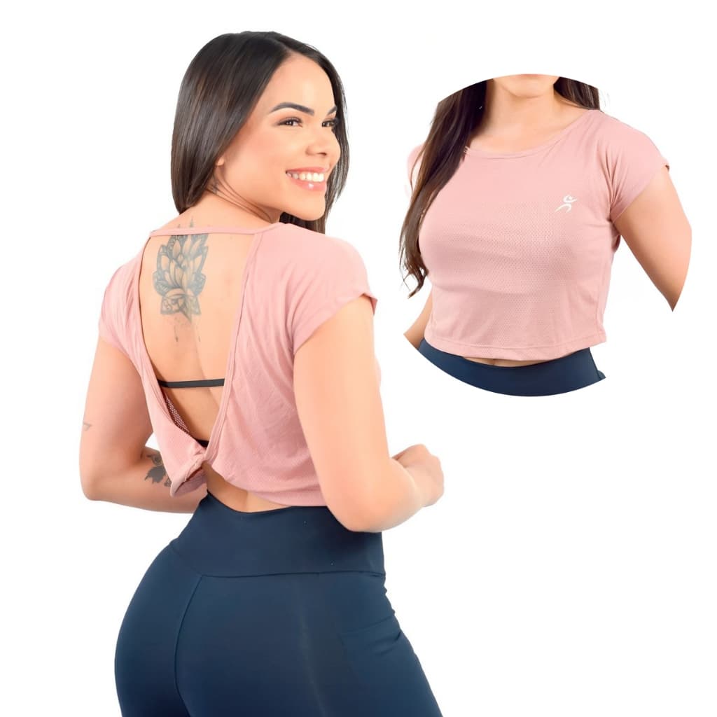 Cropped Fitness Feminino Manga Curta DryFit Poliamida com Abertura nas Costas Respirável