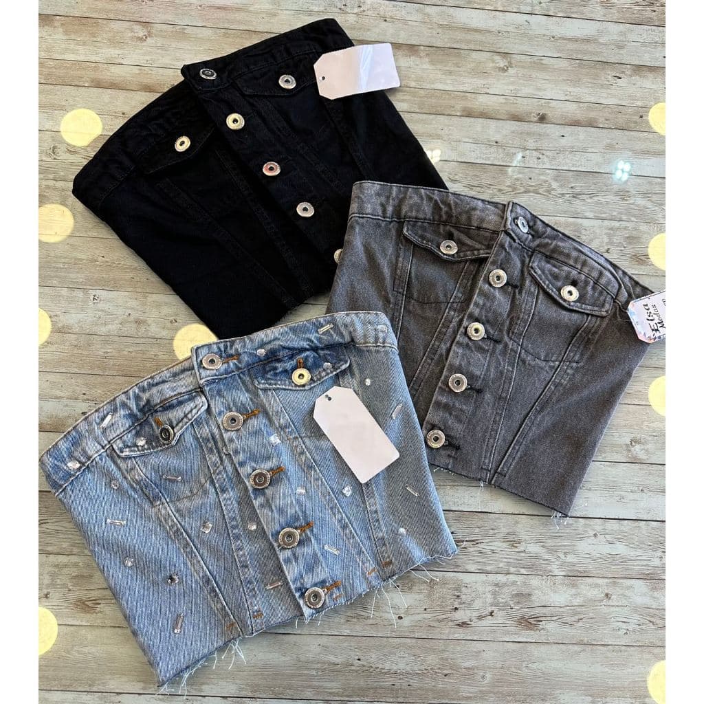 Top Jeans Feminino Cropped Tomara que Caia Elástico Ajustável com botão/Strass