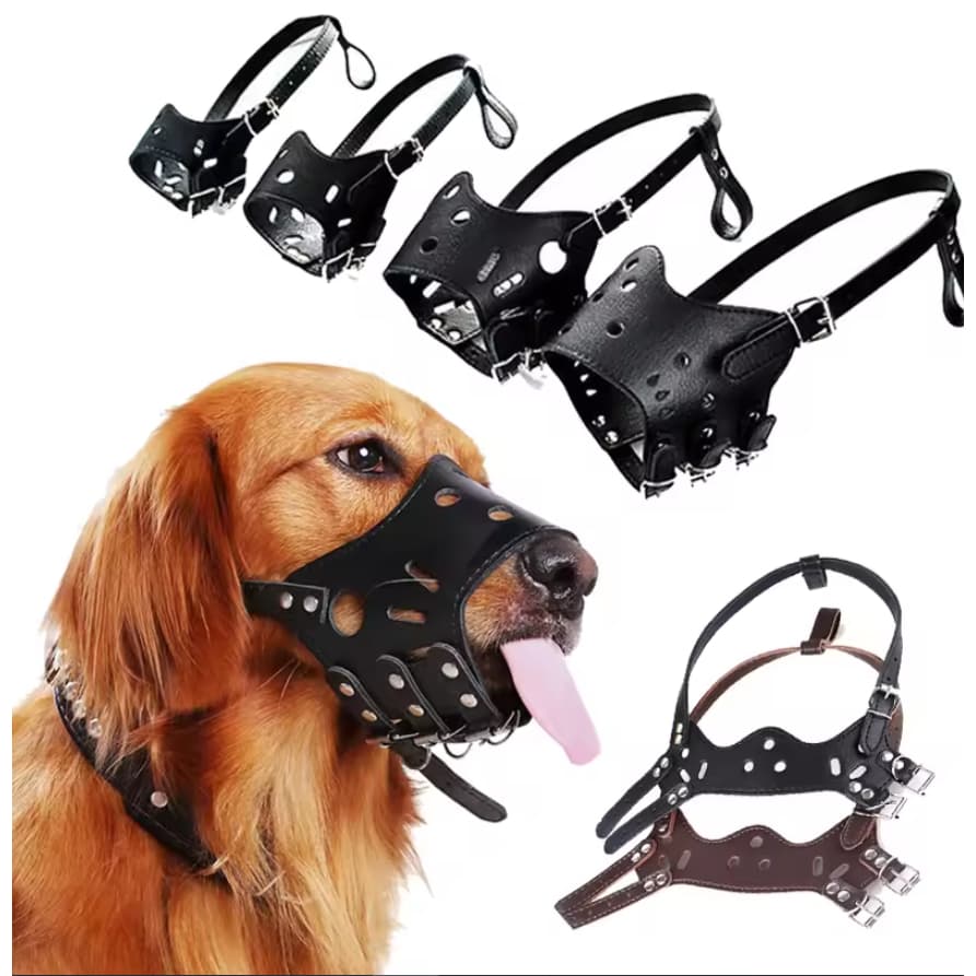 Focinheira de Corino Resistente Ajustável Respirável Reforçada Com Fivelas de Metal Para Cachorro Grande Médio  LR-0271