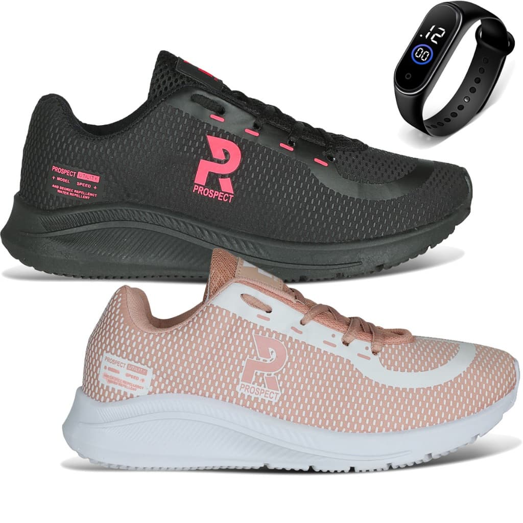 Kit 2 Tênis Feminino Prospect Speed Super Leve Macio Conforto Oferta Promoção + Relógio LojaReact