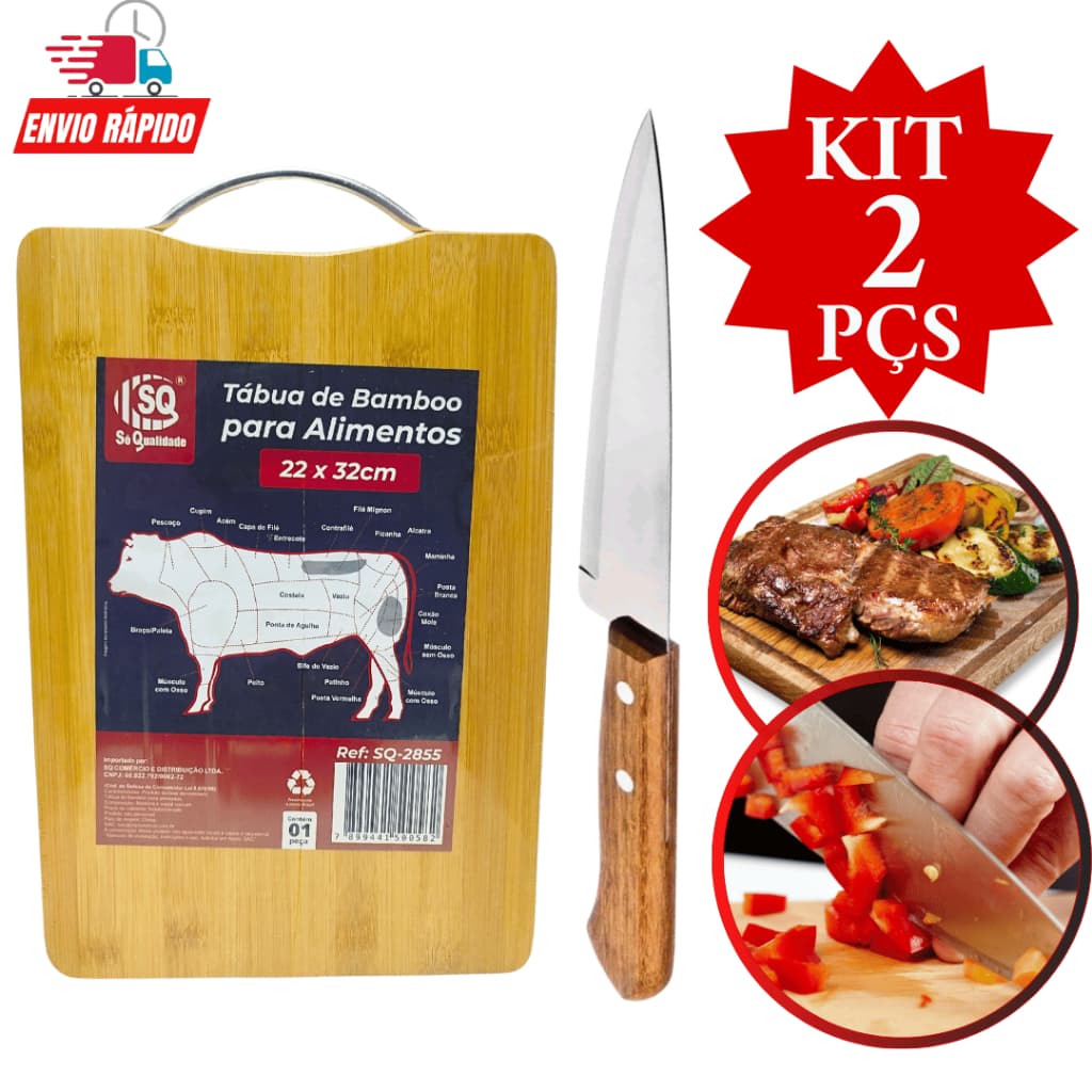 Kit 2 Peças Tábua de Carne de Madeira  Tábua de Corte Bambu com Alça  Faca de Inox com Cabo de Madeira 7 Polegadas Para Legumes Churrasco Corte Cozinha Restaurante