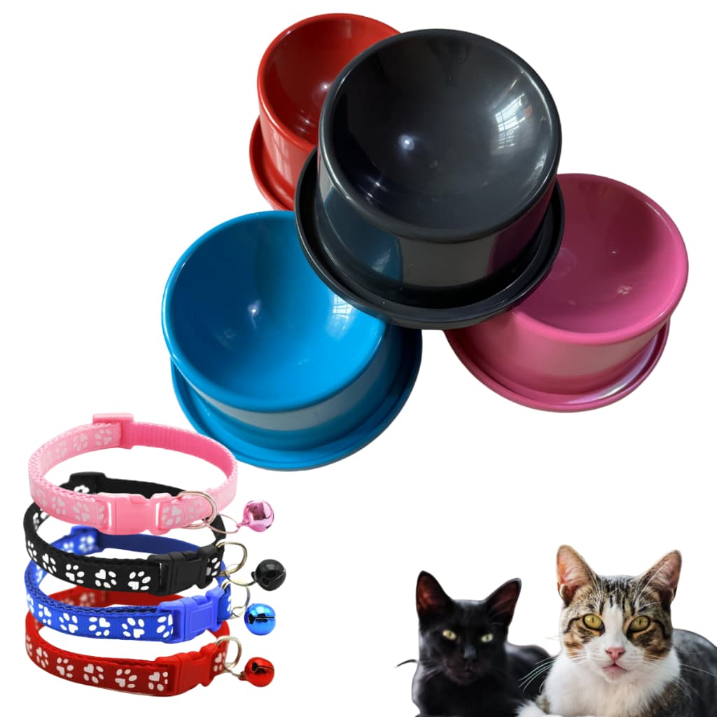 Comedouro Ergonômico 150ml M Gato Cães E Coleira Fina Com Sino Pequeno