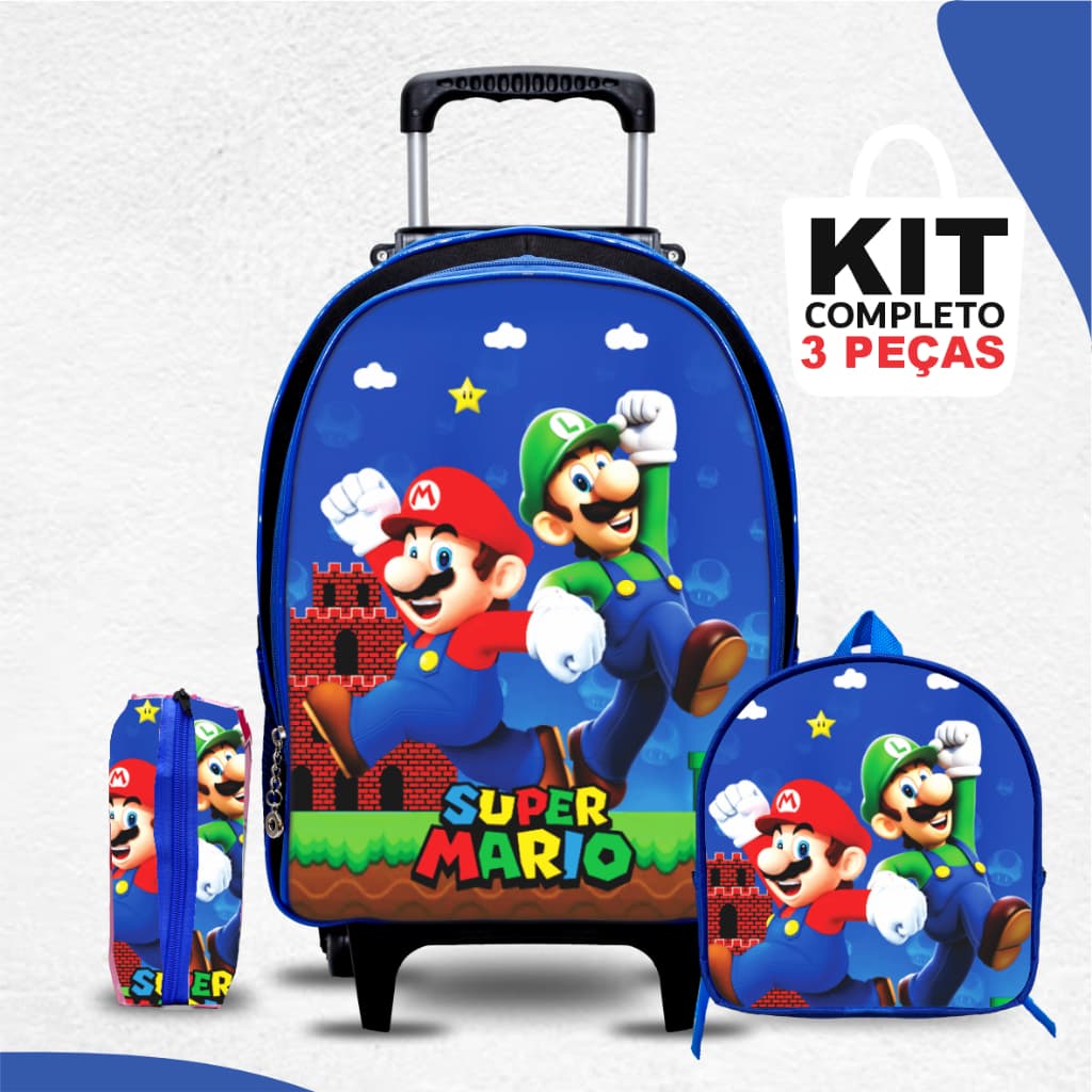 Kit Mochila Escolar Super Mario Infantil - com Lancheira e Estojo - Rodinhas - Menino - Masculina