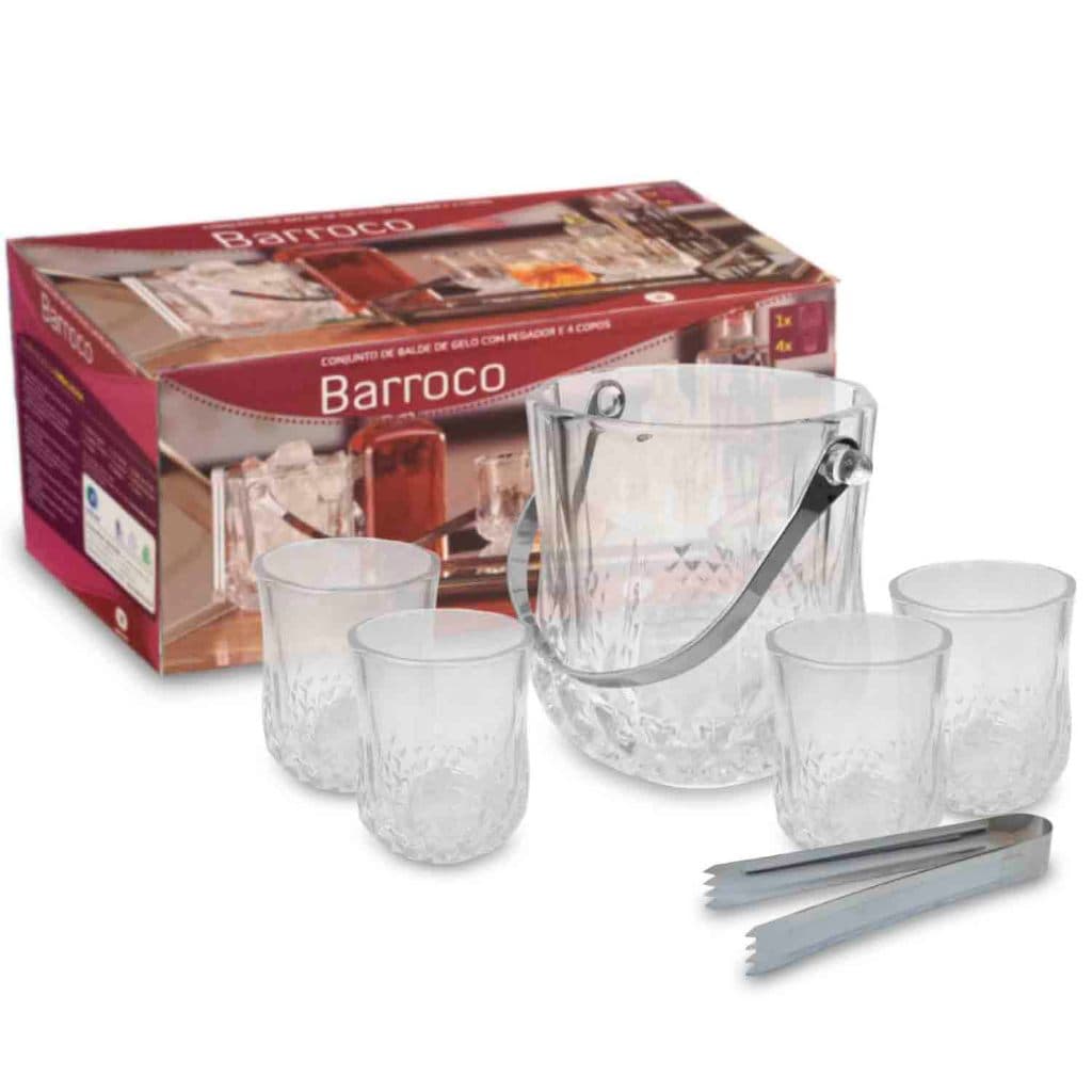 Conjunto Balde De Gelo Com Alça Pegador 4 Copos Vidro Barroco