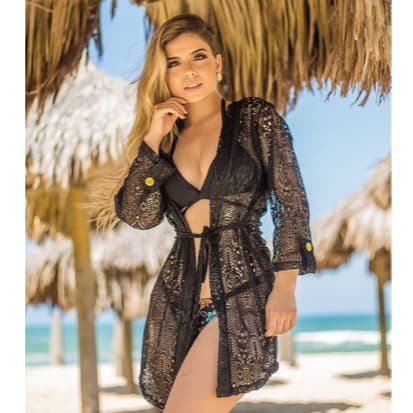 Saída Praia Aberta Curta De Renda Kimono Com Ajuste Amarrar Manga 7/8 Até Plus Size Verão Moda Praia