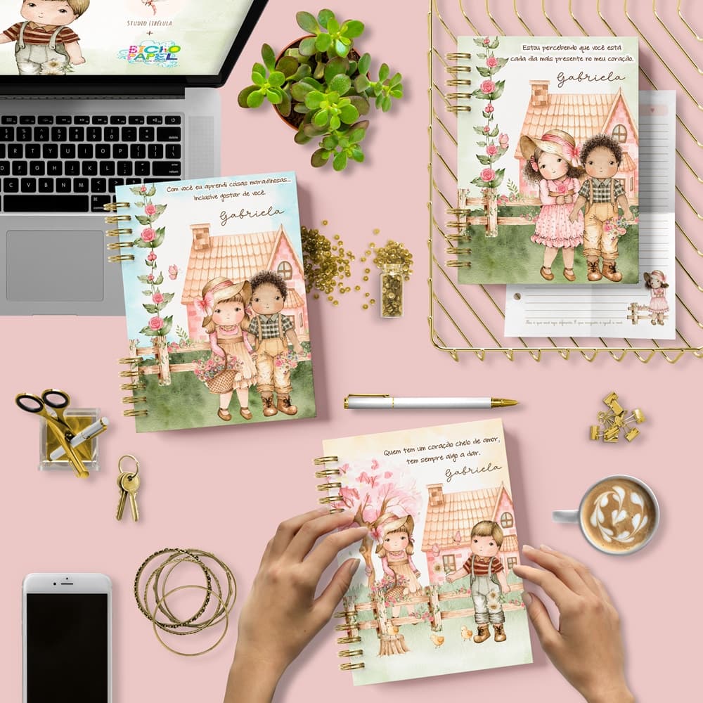 Caderno personalizado, folhas decoradas, 200 páginas, A5, BRILHANTE