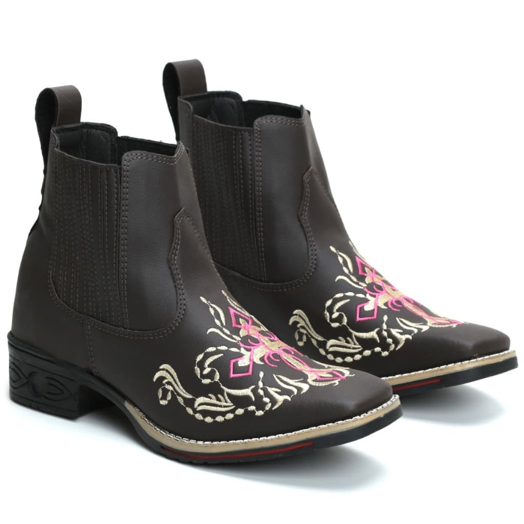BOTINA BOTA COUNTRY TEXANA FEMININA BICO QUADRADO MARROM BORDADA