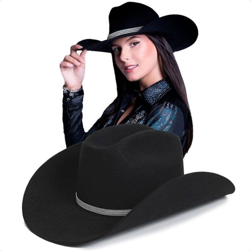 Chapeu Country Pralana Preto Aba Grande Feminino com Fita de Strass Brilhante Ana Castela