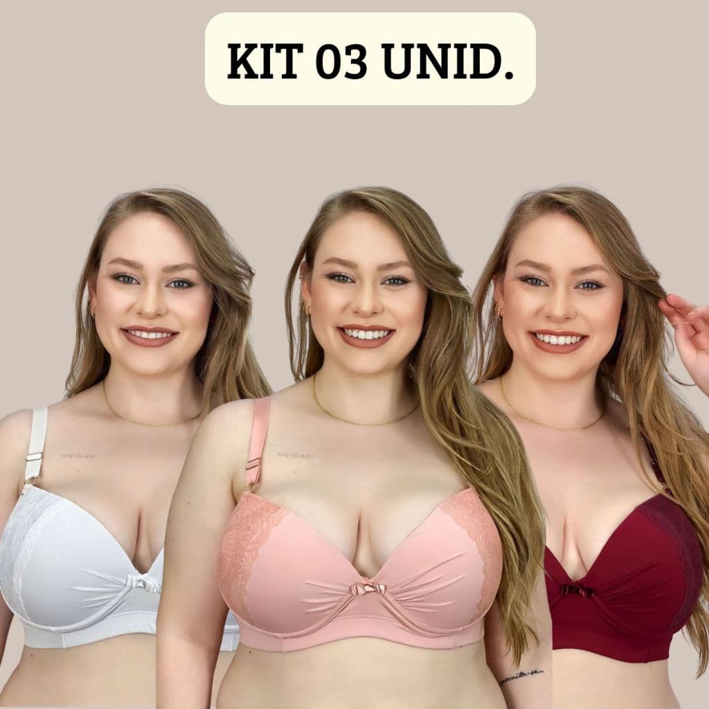 KIT 03 Sutiãs Plus Size Microfibra Reforçado com detalhe em Renda Carol.
