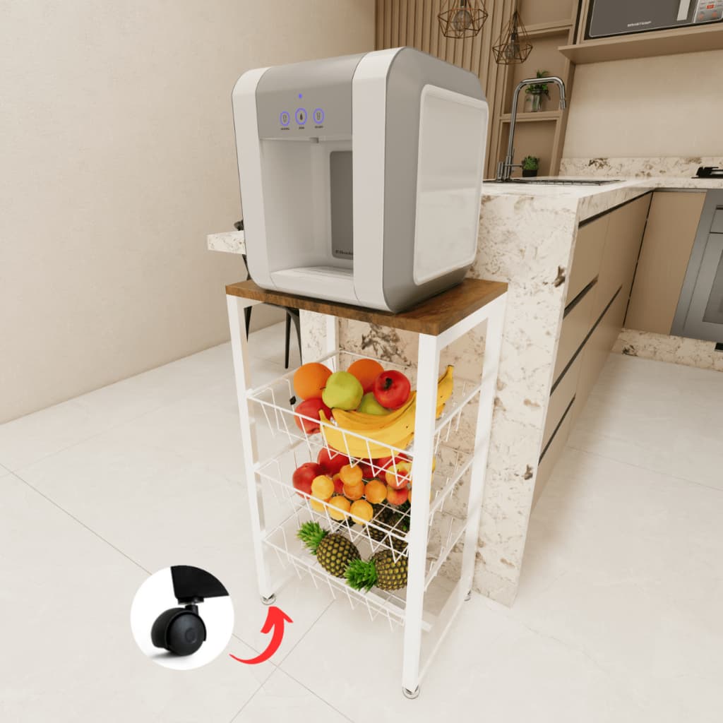 Fruteira De Chão Cozinha Em Aço Branco Mdf Amadeirado Rodinhas