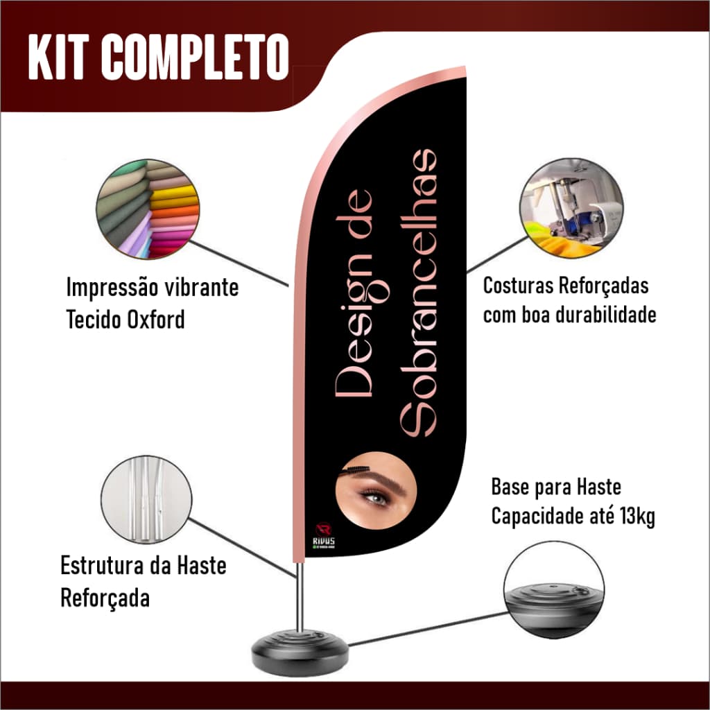 Wind Banner para Design de Sobrancelha Bandeira Dupla face - kit completo Haste, Base e Bandeira