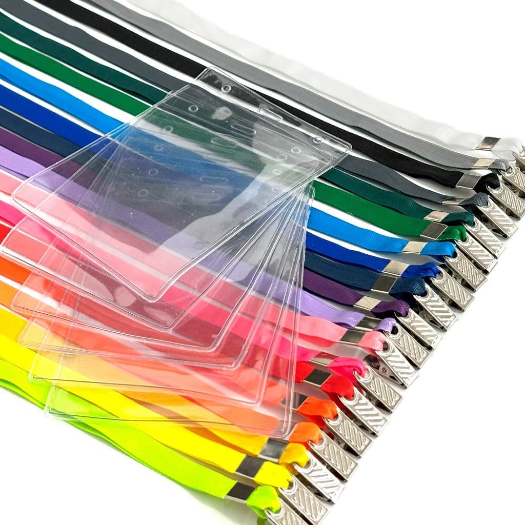 Kit 15/20/25/50 Cordões 12mm com Presilha Jacaré + Porta Credencial  11x15 cm PVC Cristal para Eventos