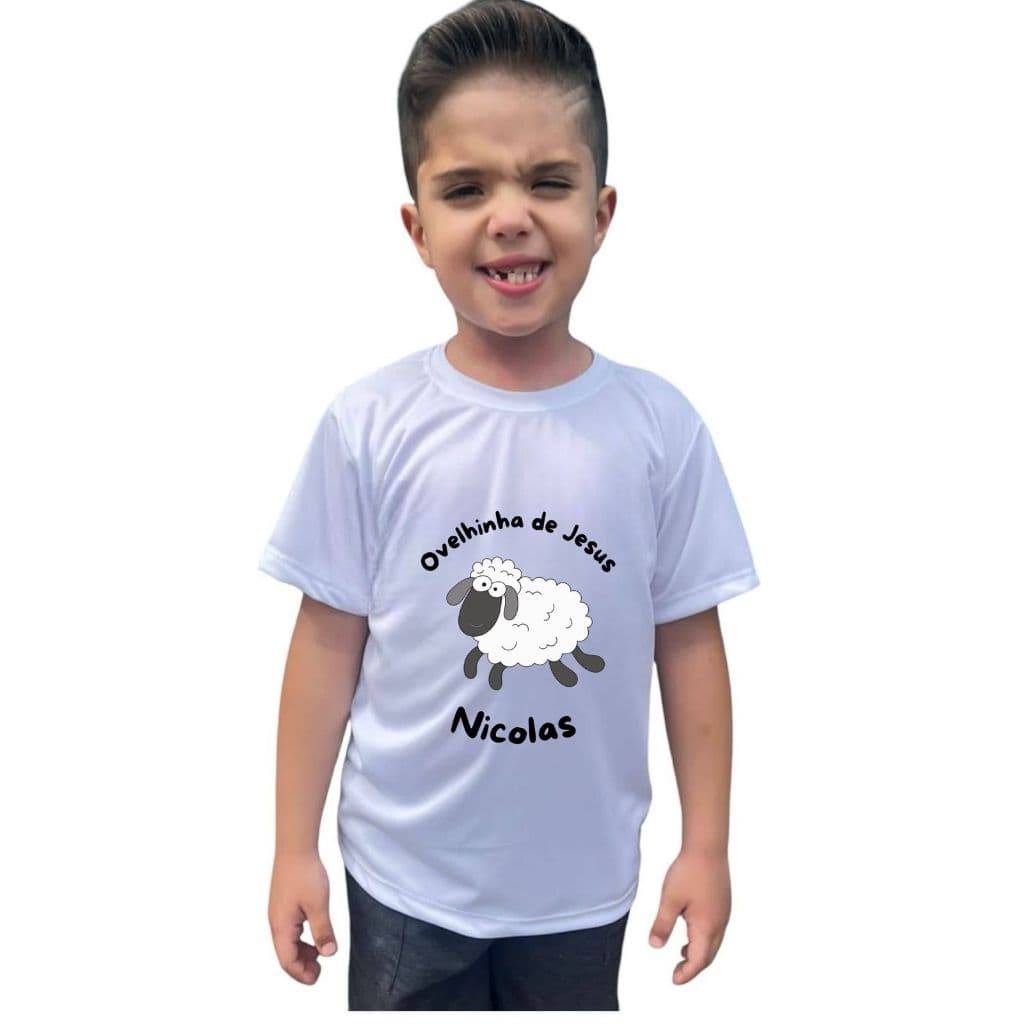 Camiseta Branca Dry Fit Infantil Unissex Ovelhinha de Jesus com nome