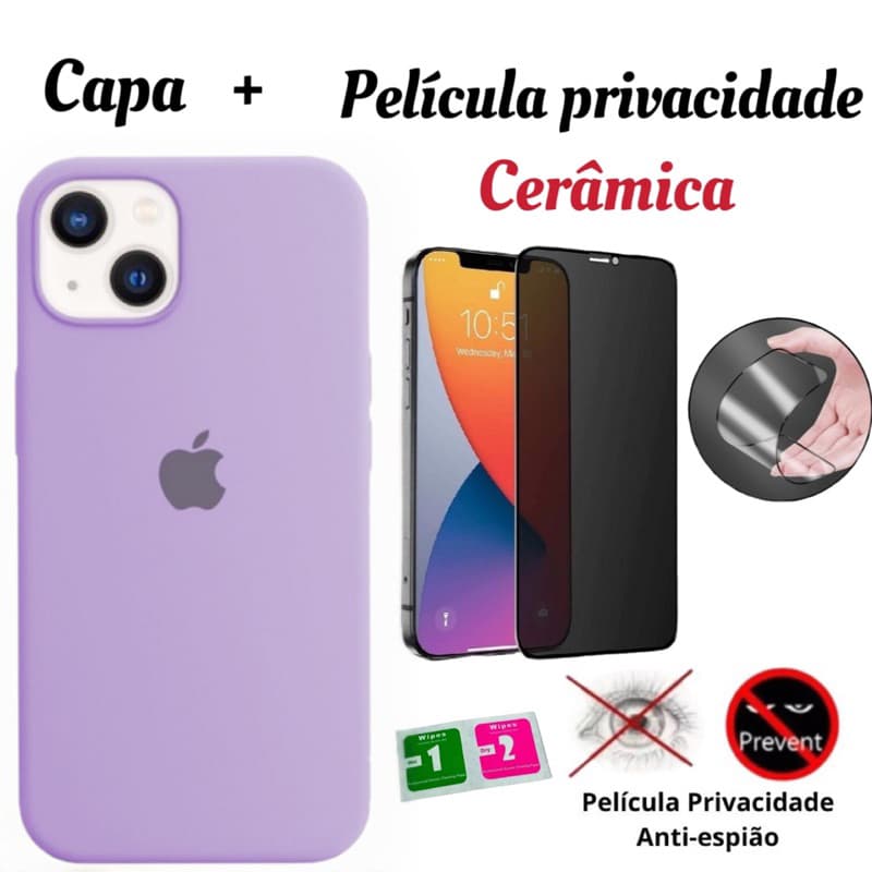 Kit Capa Case Capinha Silicone Aveludada com películas  cerâmica privacidade para iPhone 13 13pro 13promax